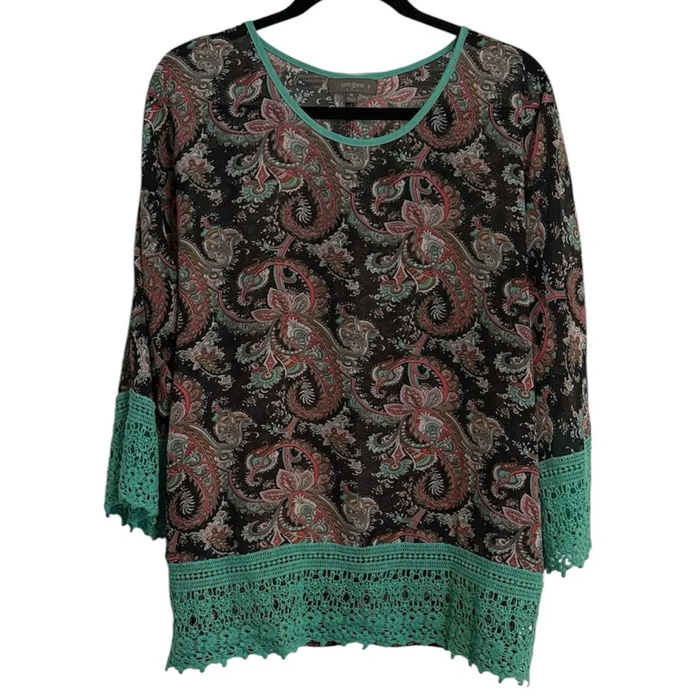 ☀️Umgee Paisley Print Semi-Sheer Blouse with Teal Crochet Detail - Picture 1 of 8